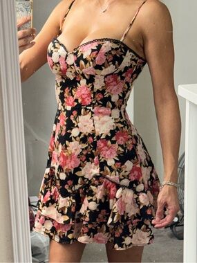 Hello Molly Black Floral Ruffle Mini Dress with Pink and Cream Blossoms